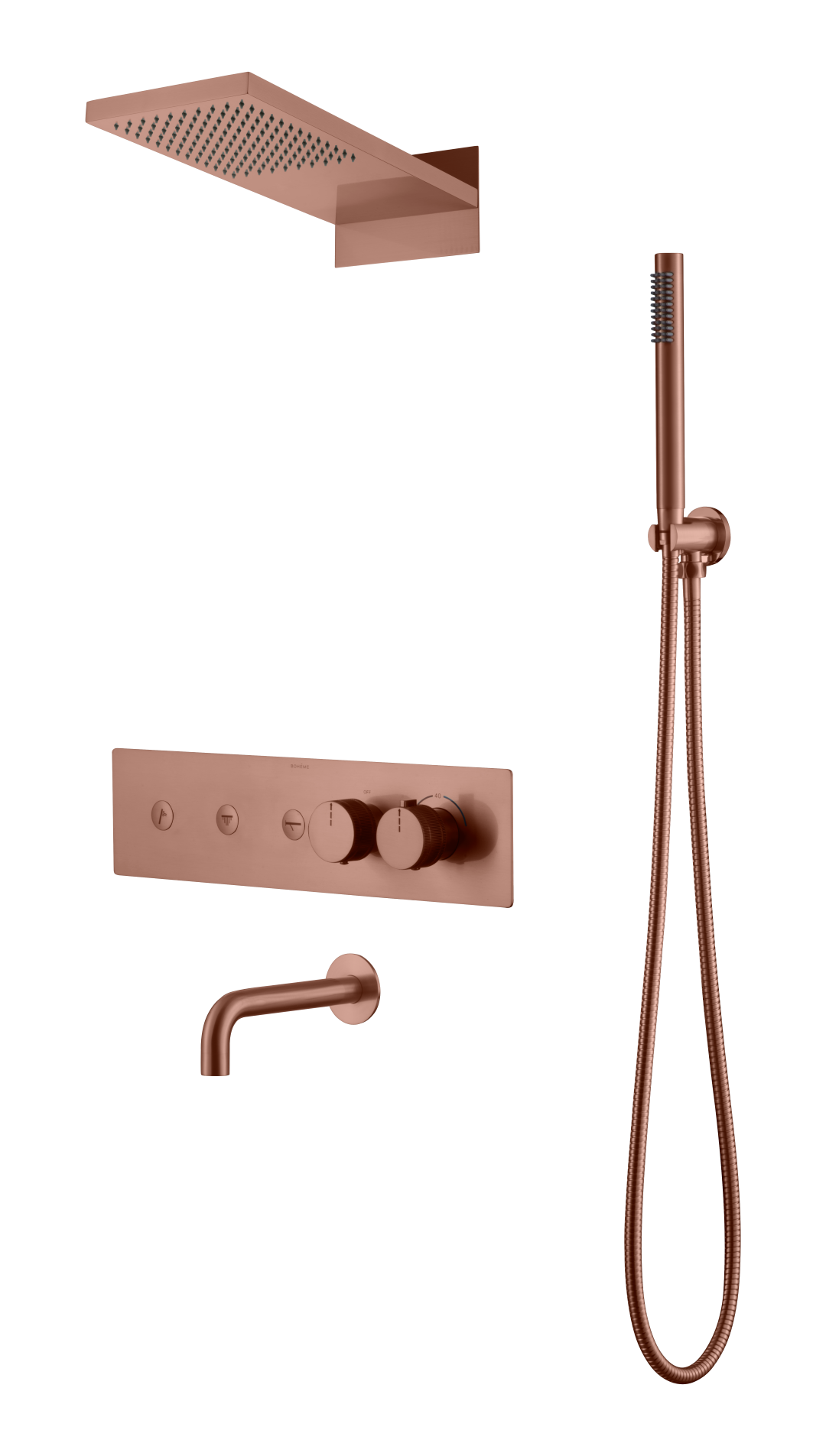 Встроенная душевая система Boheme FUSION с термостатом, трехпозиционная Copper Brushed с изливом 131-2-CB