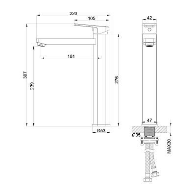 Смеситель для раковины высокий WONZON & WOGHAND FRAME, Черный матовый WW-88239010-MB