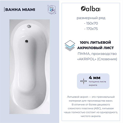 Акриловая ванна Alba Spa Miami 150х70 ВПР0240300100