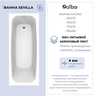 Акриловая ванна Alba Spa Sevilla 180х80 ВПР0170100100