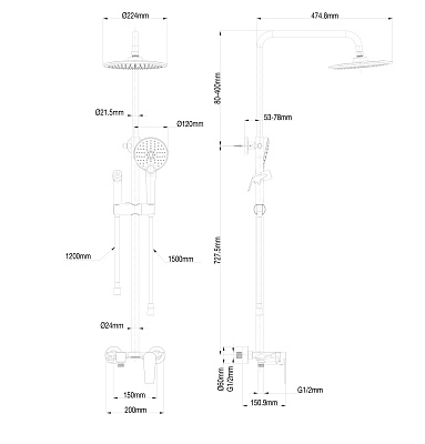 Душевая система с техническим душем WONZON & WOGHAND, Черный матовый WW-A30874-MB