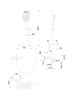 Смеситель для ванны с душевым гарнитуром WONZON & WOGHAND ALFA, Темный графит WW-AE3201-BGG