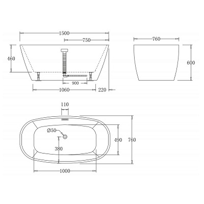 Акриловая ванна BELBAGNO 150x76