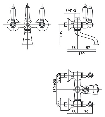 Смеситель Caprigo Adria Classic 03-019-vot для ванны с душем