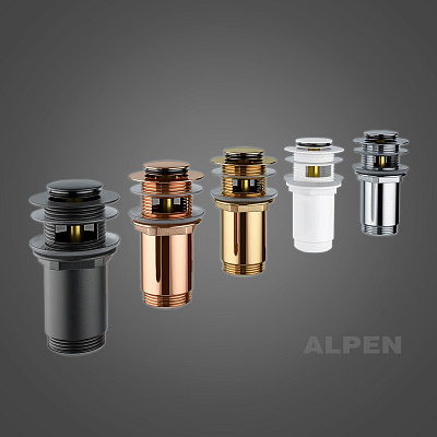 Металлический донный клапан для раковины, с переливом 2039122 ALPEN (матовый белый)